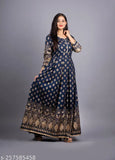 Blue Rayon Anarkali Long Kurta with Zari Woven Print, 3/4th sleeves for casual or party wear, authentic Seznila product from India