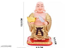 Gold Laughing Buddha Idol, plastic, medium size, solar-powered shaking head & waving fan for wealth, prosperity, and health
