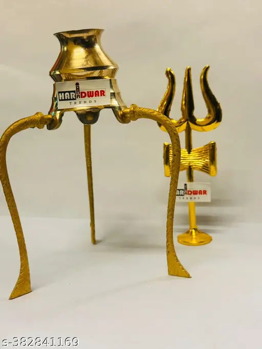 Golden brass puja set with Shivling stand, Trishul, and Abhishek Lota Kalash for spiritual rituals, Indian-made