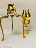 Golden brass puja set with Shivling stand, Trishul, and Abhishek Lota Kalash for spiritual rituals, Indian-made