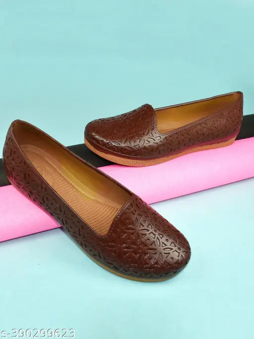 Brown plastic ballet flats, solid pattern, slip-on style - Ajanta Women's PL2001 casual footwear on display
