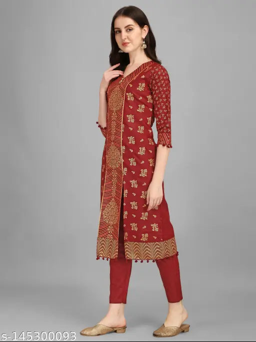 Maroon cotton blend kurta set with palazzos, gold and pigment printed, suitable for party wear, wedding wear, festivals, and traditional events. Handcrafted with lace detailing on sleeves and hemline. Made in India