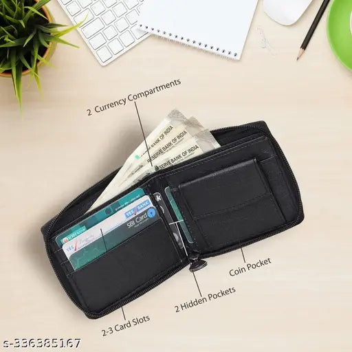 Black leather men's Fashion Link zipper wallet with box pattern and 5 compartments for money, cards, and IDs