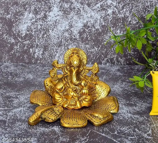 Gold Ganesh sitting on gudhal flower decorative showpiece - 13cm (Metal, temple decoration)
