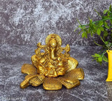 Gold Ganesh sitting on gudhal flower decorative showpiece - 13cm (Metal, temple decoration)