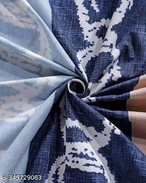 White & navy geometric-patterned premium Glace cotton 210 TC flat single bedsheets (60 x 90 inches), with 1 pillow cover (18 x 28 inches). Breathable, wrinkle-free, and hypoallergenic for summer use. Ideal for adults and homes/hotels. Made in India