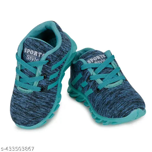 Neon blue and black athletic shoes for kids, suitable for walking and running