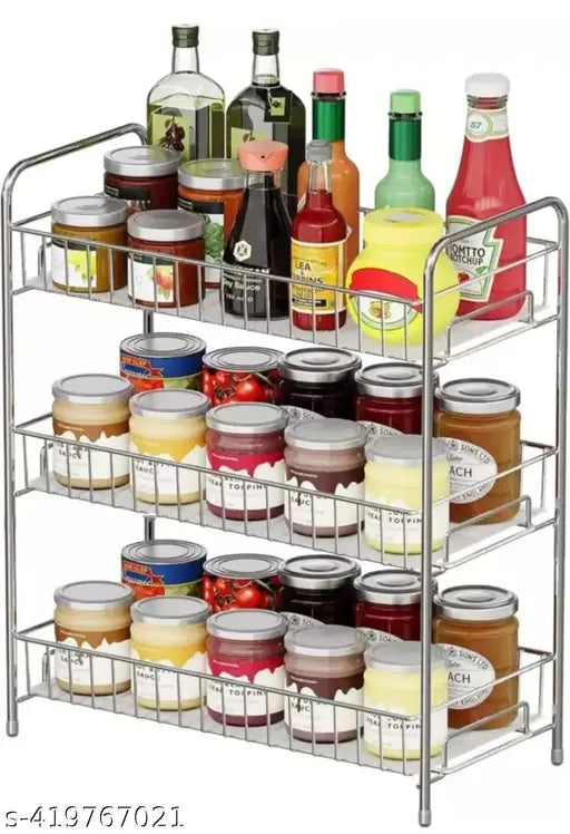 Glocy stainless steel kitchen rack with 12 shelves, containing various food items and jars