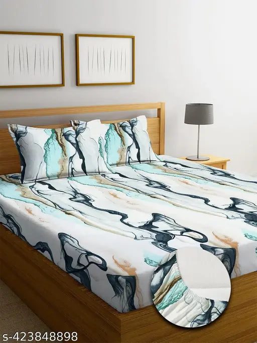 Rich Choice Home premium cotton elastic king size fitted bedsheet with 2 pillow covers, double bed with all-around elastic. Botanical print, superfine quality for summer