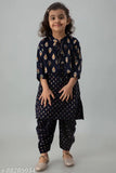 Girls rayon ethnic wear gold printed kurta dhoti jacket style, navy blue and gold, calf length dhoti pants with three-quarter sleeves. Sizes: 4-5 Years to 13-14 Years, India origin