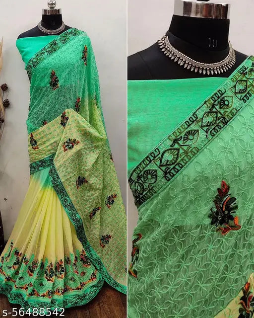 White Thread embroidered chiffon saree with Banglory silk blouse - KAVINDI party wear, India