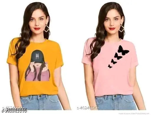 BTS cotton t-shirt combo for women & girls, 100% cotton butterfly print, round neck, short sleeves, pack of 2