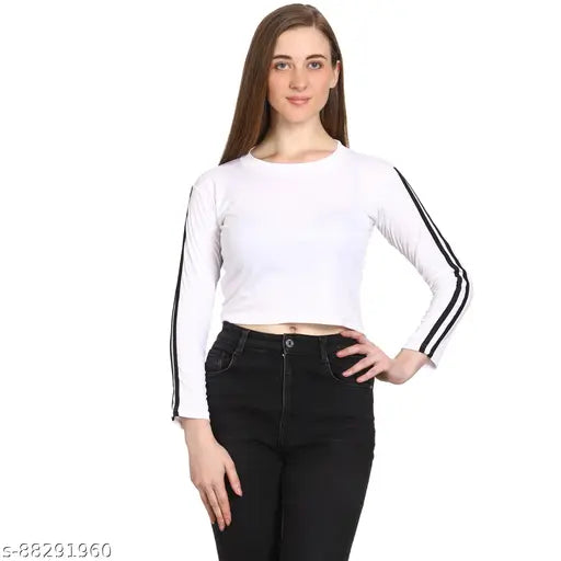 Cotton-blend Genealo crop top for women & girls, solid net long-sleeved casual top from India