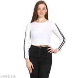Cotton-blend Genealo crop top for women & girls, solid net long-sleeved casual top from India