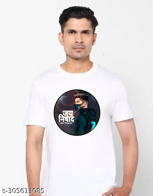 White cotton Nishad Raj T-shirt with printed net pattern, short sleeves, quality made in India
