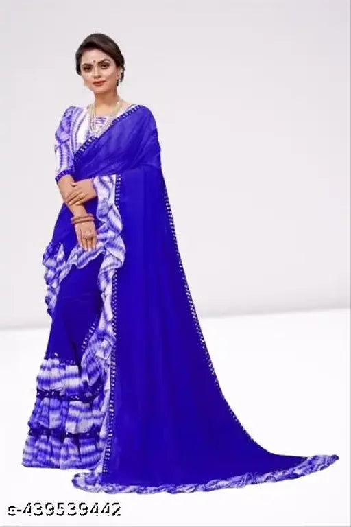 Blue georgette saree with ruffle blouse piece, long length