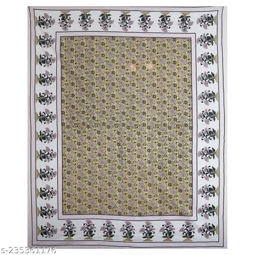 Yellow cotton bed sheet with floral print, 2 zipper pillow covers, large size.