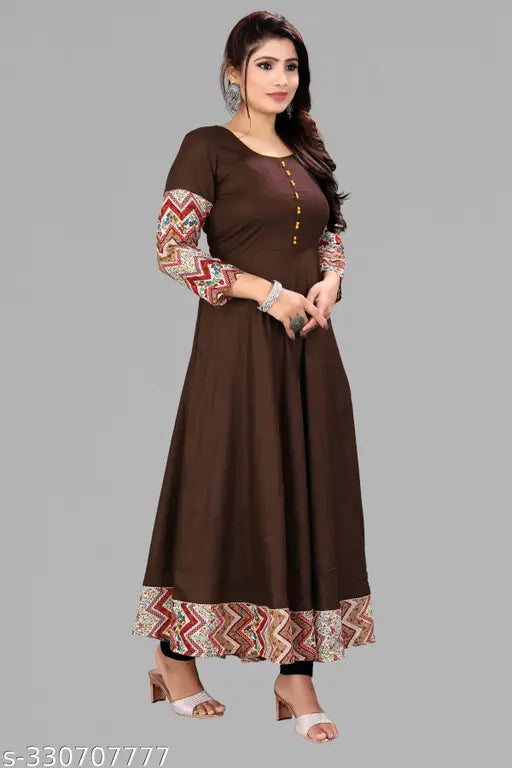 Rayon coffee long solid border tussle tie Anarkali Kurti, three-quarter sleeves, versatile for office or social gatherings, embroidered, trending Indian fashion, comfortable everyday wear