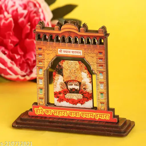 Khatushyam Baba wooden god idol with photo, ideal for home temples & car dashboards (8.5*7.5 inches)