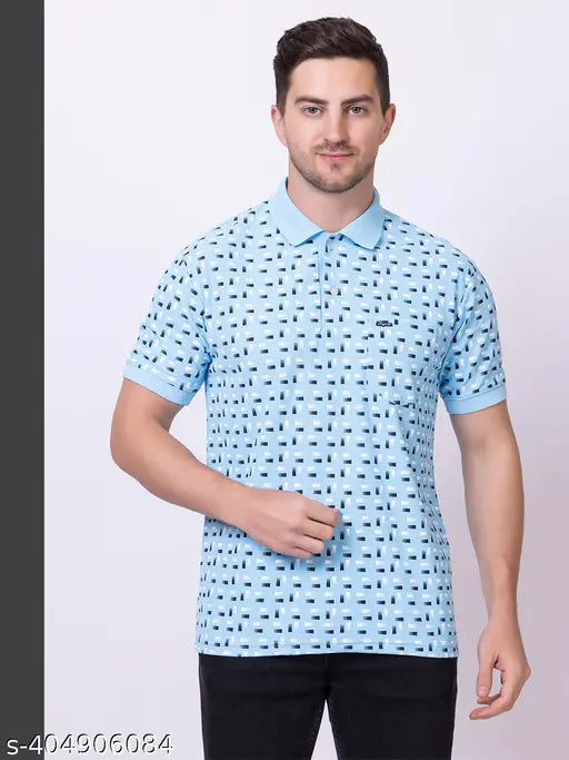 Cotton blend men's polo neck t-shirt with printed design, short sleeves and pull-on closure. Indian-made men's fashion apparel
