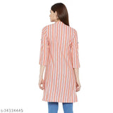 Orange and white striped cotton tunic for women, short sleeves, made in India