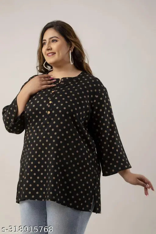 Black-and-gold polka dot rayon kurti top/tunic for plus-size women, machine-washable, three-quarter sleeves, button-down front, Indian origin