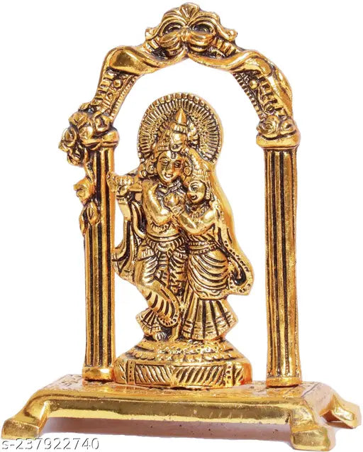 Metal Radha Krishna idol playing flute, antique-finish gold-plated showpiece, Indian religious decorative art (18cm x 19cm x 6.5cm)