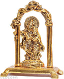 Metal Radha Krishna idol playing flute, antique-finish gold-plated showpiece, Indian religious decorative art (18cm x 19cm x 6.5cm)