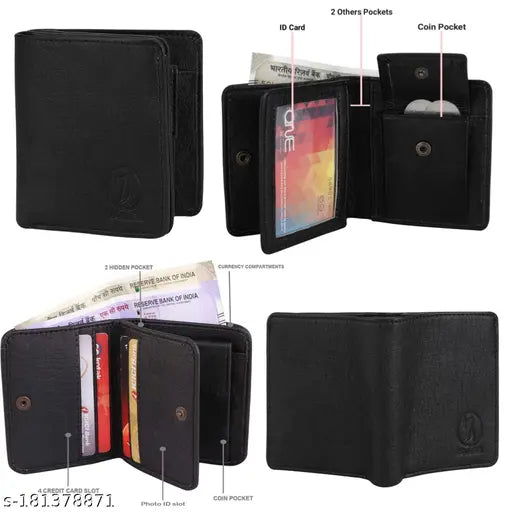 Black artificial leather Zoster Men & Women wallet, modern style with 2 compartments and flat case for personal items like cash, IDs, cards, etc. Made in India