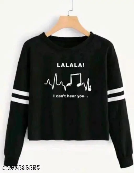 Black cotton blend printed round neck crop top with long sleeves, ideal for women's fashion