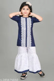 Cotton Sarara girls kurta set, A-line with embroidered print work and sharara bottom. Comfortable for kids aged 5-10 years, made in India