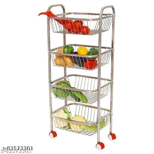 Stainless steel, four-shelf fruit and vegetable trolley with wheels and a basket for kitchen storage. Modular design allows flexibility in organization. Kitchen item other than kitchen racks and holders. Perfect for keeping fresh produce in style