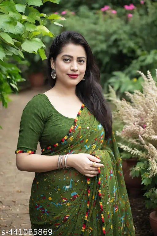 Warli print sari with lace border, pure georgette material, daily wear style