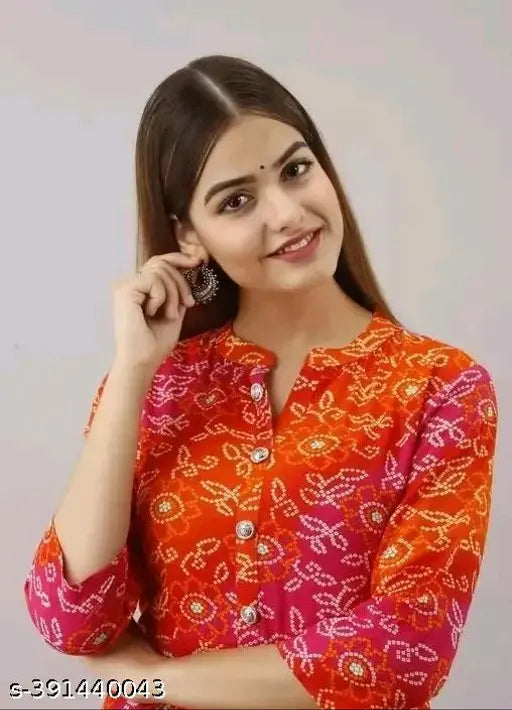 Rajsthani Bandhej Rayon Anarkali Kurti, traditional Jaipur badhani print, three-quarter sleeves