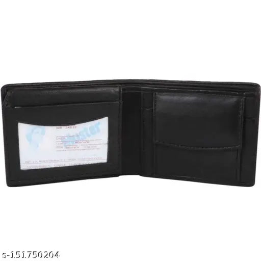 Genuine leather black casual men's wallet, stylish two-fold design with credit, debit, and ID pockets. Perfect gift for men under 200