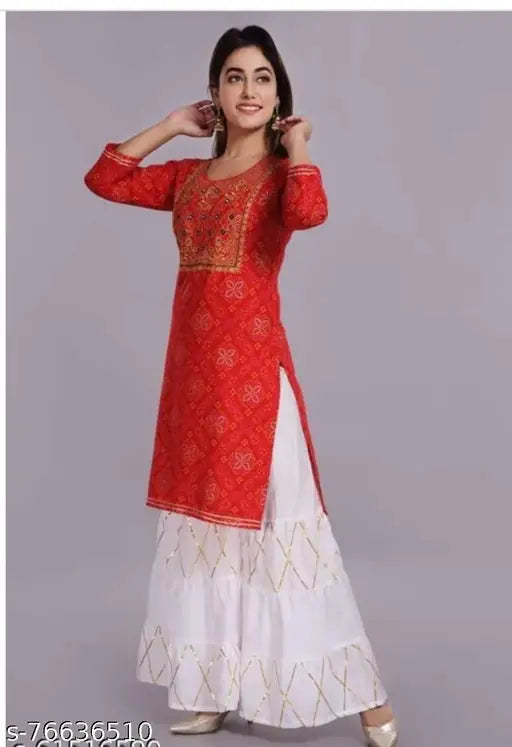 Alisha alluring rayon kurta set with palazzos, three-quarter sleeve printed net for women, single size available