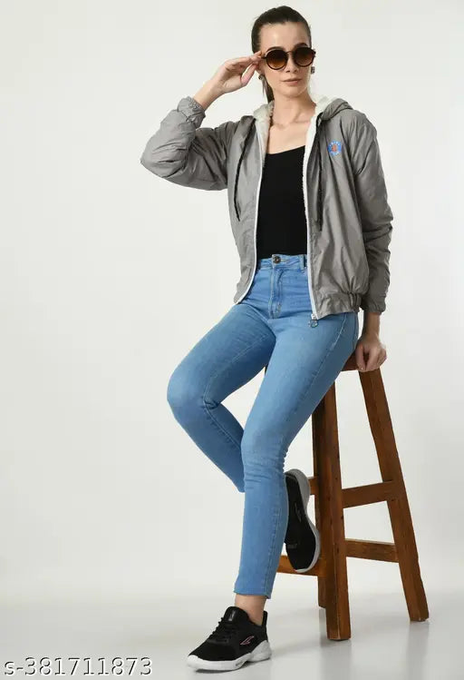 Grey polyester long sleeve shirt, JAICET solid style in size S (bust 34", length 22")