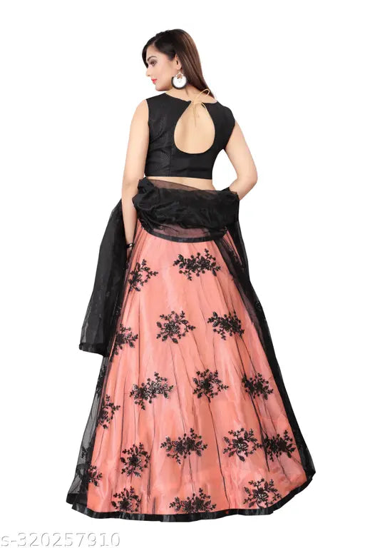 Peach embroidered semi-stitched lehenga choli set with dupatta, art silk and net fabrics for Indian functions and weddings