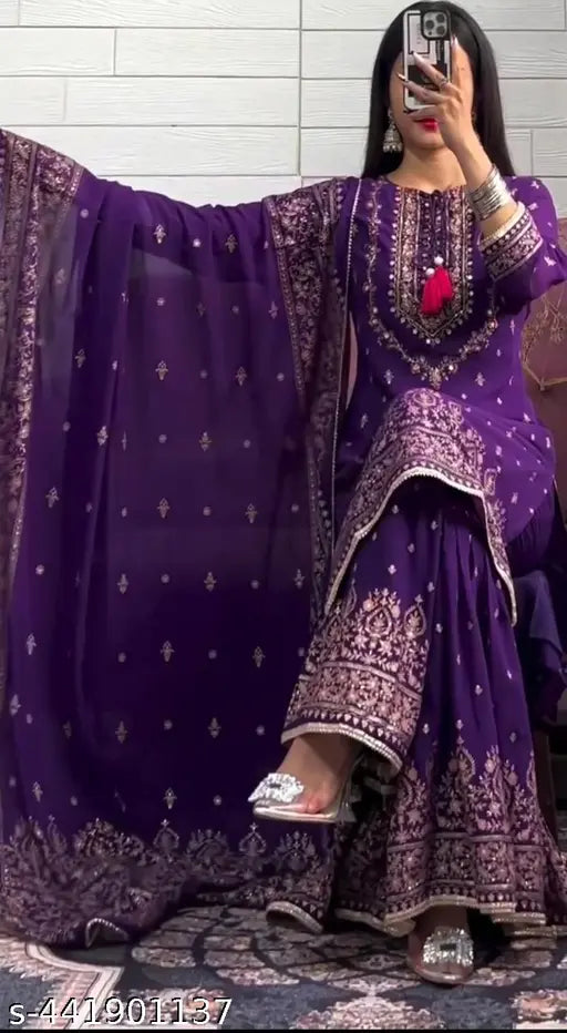 Purple designer party wear set, traditional sharara with topdupatta, fully stitched