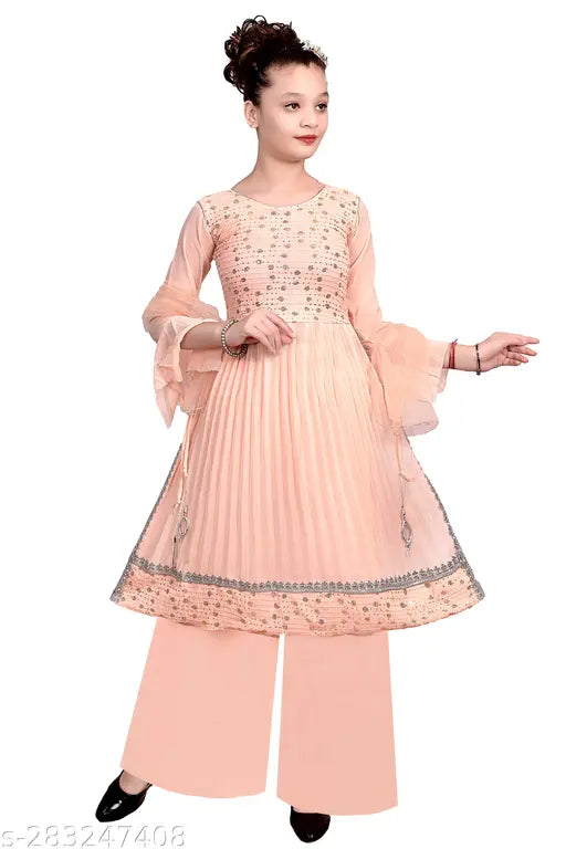 Georgette Anarkali Kurta Set for Girls & Kids, traditional ethnic wear with dupatta and sharara bottoms, made in India