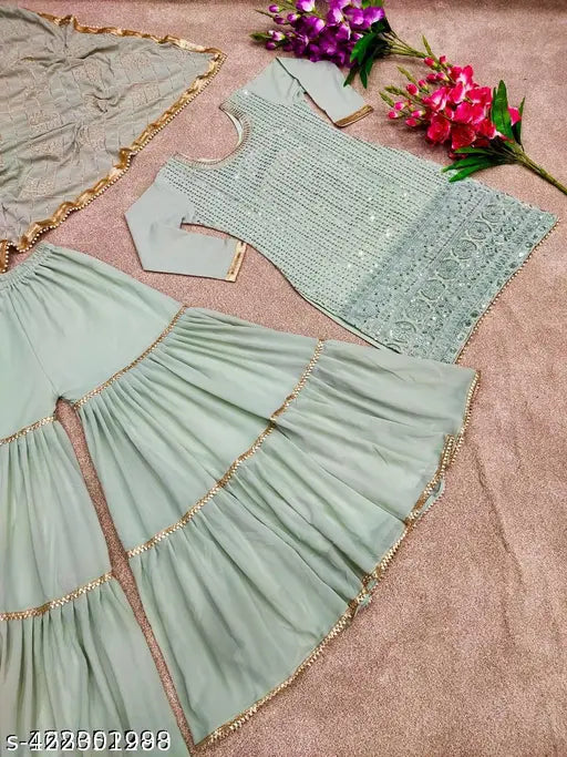 Faux georgette heavy top plazzo with dupatta