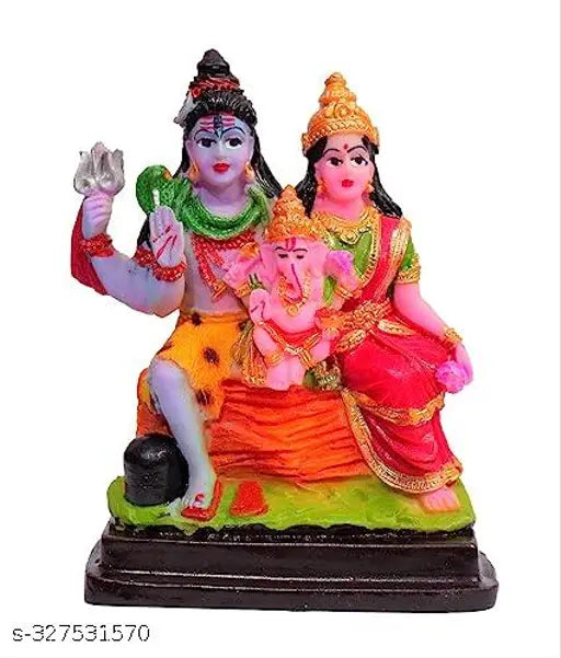 Multicolor Shiv Parivar Murti with Shiva, Parvati, and Ganesh resin idols, traditional home mandir gift item (Height 4 inch)