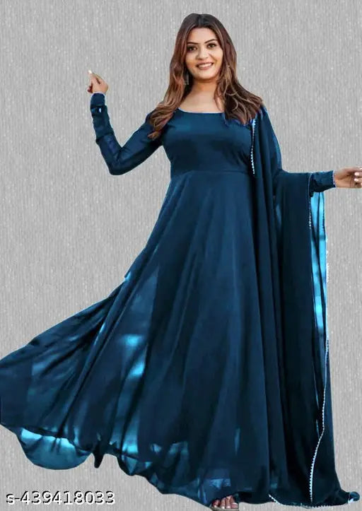 Georgette gown with dupatta, solid net, long sleeves, full-stitch quality, women's fashion, Indian origin