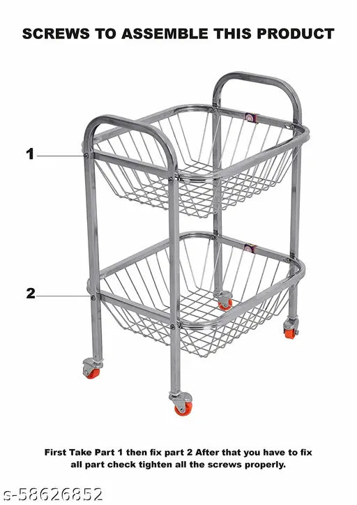 Silver metal two-shelf rolling cart with red wheels and clear baskets