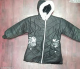 Black puffer coat with white fur trim, zip closure and embellished designs on front