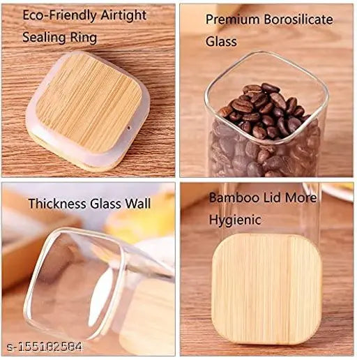 VRS MALL 240 ml Square Spice Storage Containers With Bamboo Airtight Lid Thicken Small wooden Glass canister for Food Storage Kitchen Seasoning,storing masala,Coffee Bean, Tea, Suger, Herbs (6 pcs)