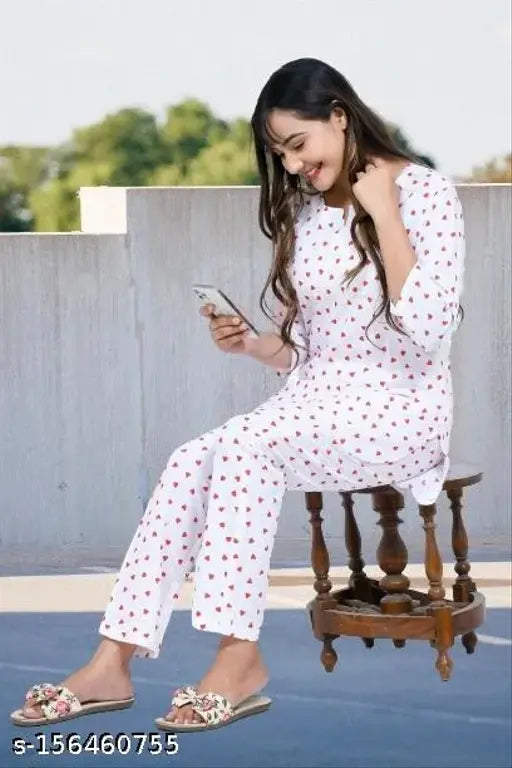 Rayon night suit collection for women and girls - printed palazzo kurtas with three-quarter sleeves, India
