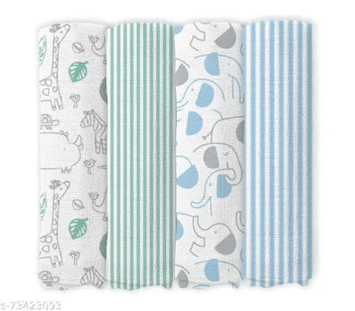 Green & blue striped muslin baby swaddles, 4 pack, organic cotton, animal print.