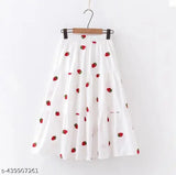 White skirt with strawberry print, lightweight, knee-length