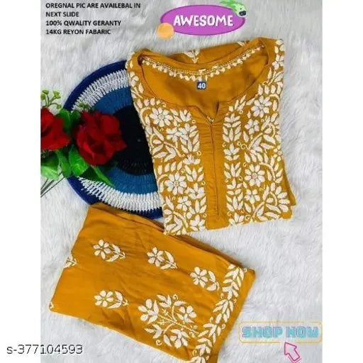 SLUB Rayon solid Chikankari printed net suit, straight kurta with skirt. Three-quarter sleeve length, cotton fabric. India origin